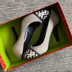 Tory Burch navy bleach natural Sylvia leather linen heels shoes 8